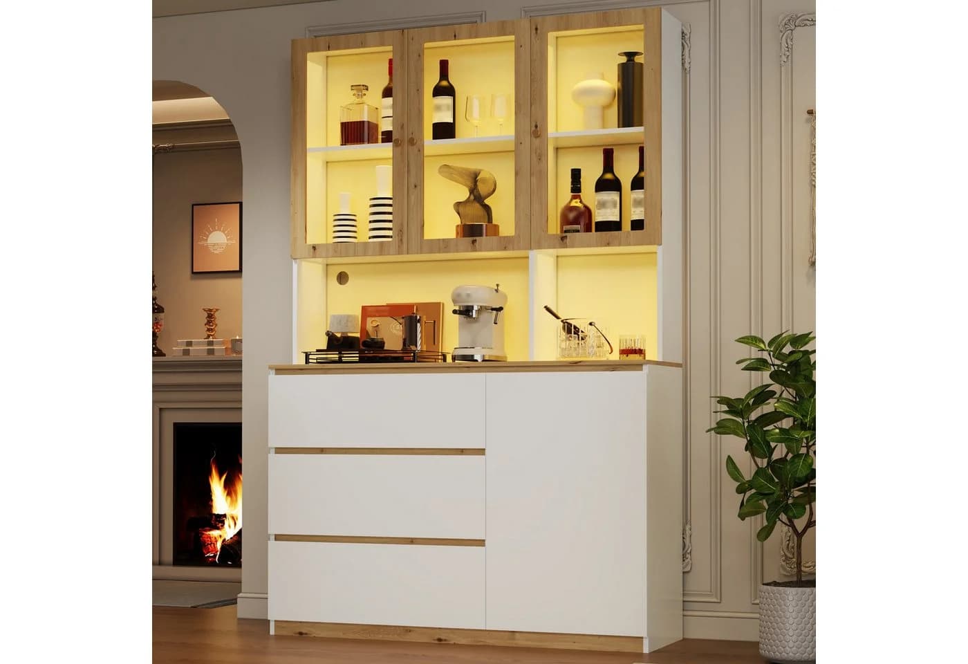 Flieks Küchenbuffet Hochschrank Holzoptik Weiß LED Glastüren 120x40x200 cm