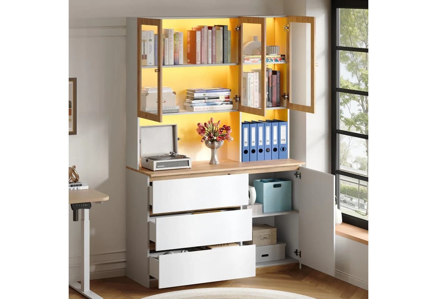 Flieks Küchenbuffet Hochschrank Holzoptik Weiß LED Glastüren 120x40x200 cm - Bild 4