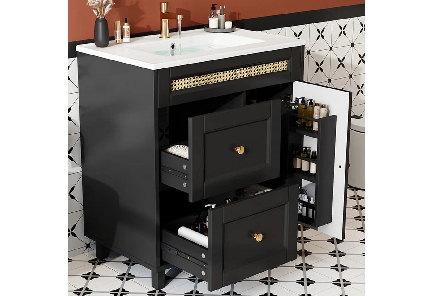 Flieks Waschtischunterschrank mit Waschbecken Schwarz Massivholzfüße Rattan - Bild 2