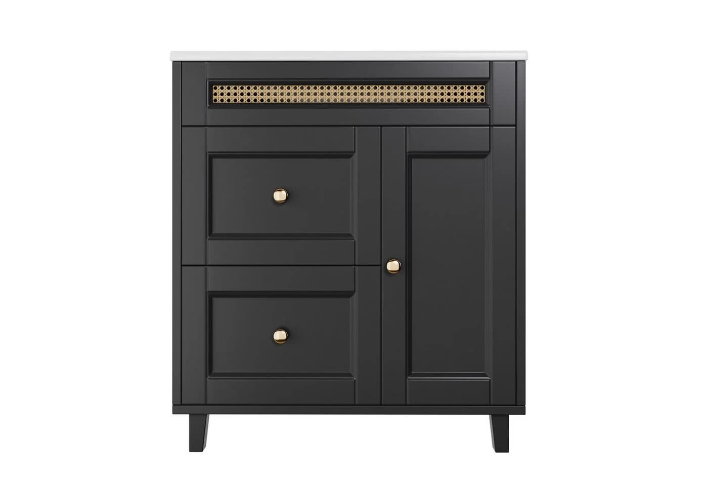 Flieks Waschtischunterschrank mit Waschbecken Schwarz Massivholzfüße Rattan - Bild 5