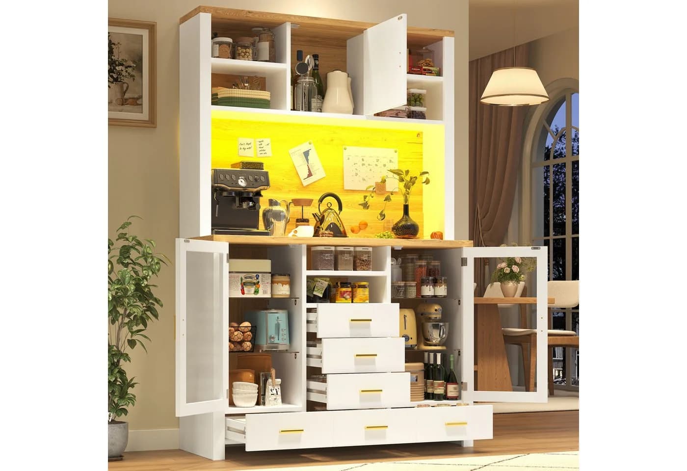 Flieks Küchenbuffet Holzoptik LED Glastüren Schubladen
