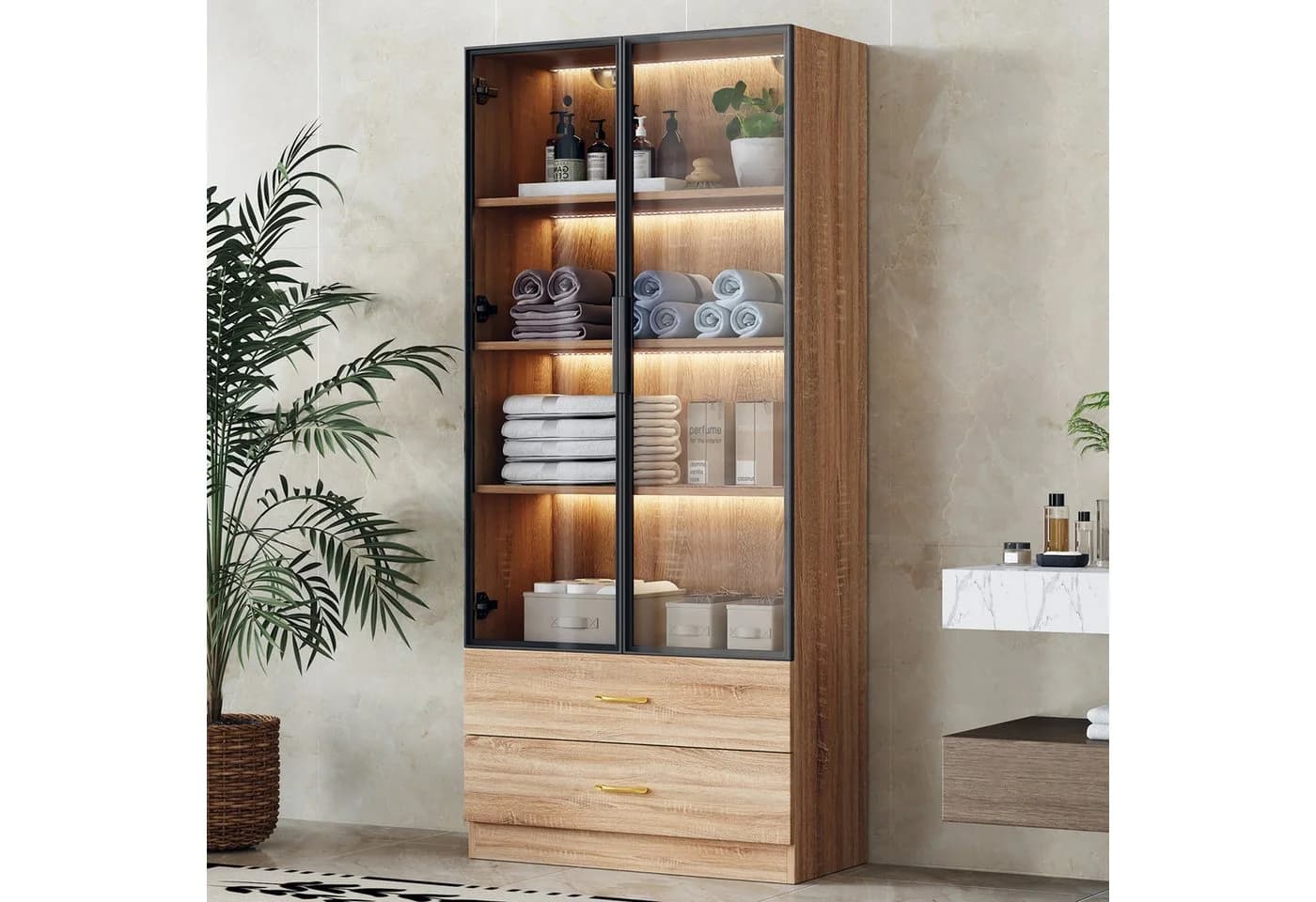 Flieks Glasvitrine mit LED-Beleuchtung, 2 Glastüren und 2 Schubladen - Bild 2