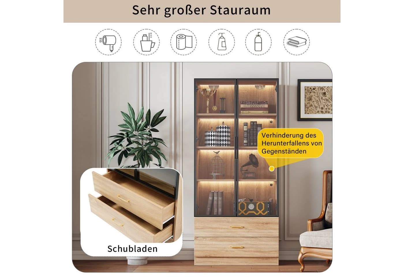Flieks Glasvitrine mit LED-Beleuchtung, 2 Glastüren und 2 Schubladen - Bild 5