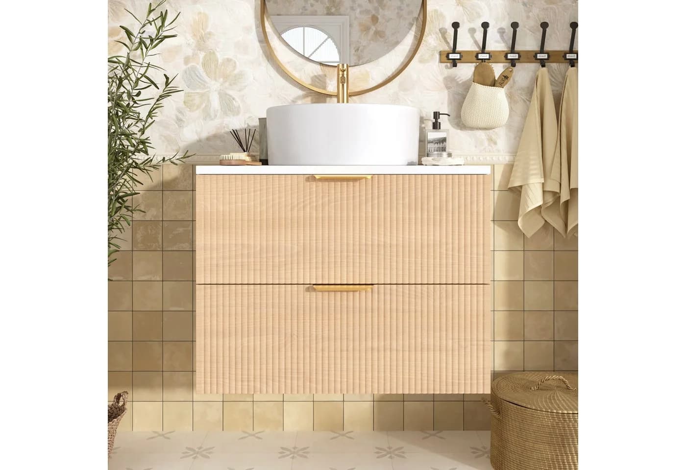 Flieks Waschtisch Badzimmerschrank 2 Schubladen Holzoptik
