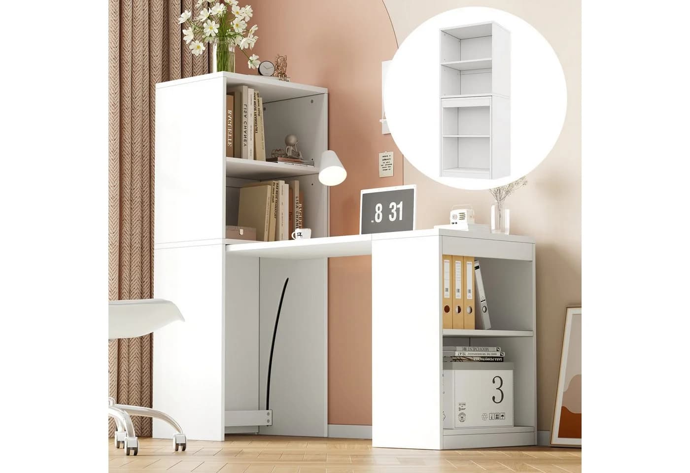 Flieks Regal-Schreibtisch 2-in-1 Weiß mit Rollen - Bild 2
