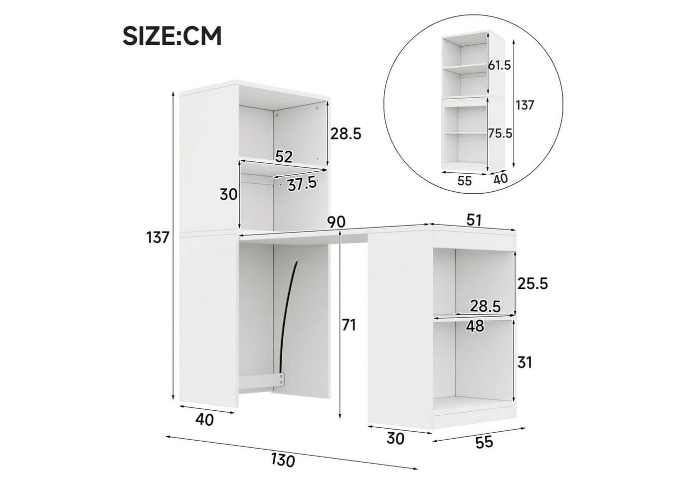 Flieks Regal-Schreibtisch 2-in-1 Weiß mit Rollen - Bild 4