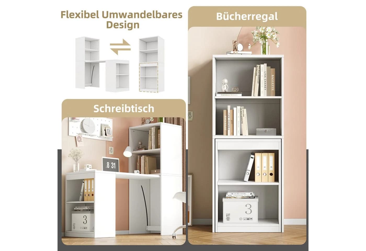 Flieks Regal-Schreibtisch 2-in-1 Weiß mit Rollen - Bild 5