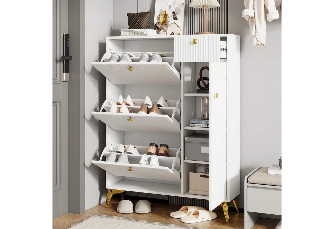 Flieks Schuhschrank Weiß/Gold 3 Klappen 1 Schublade 1 Tür - Bild 2
