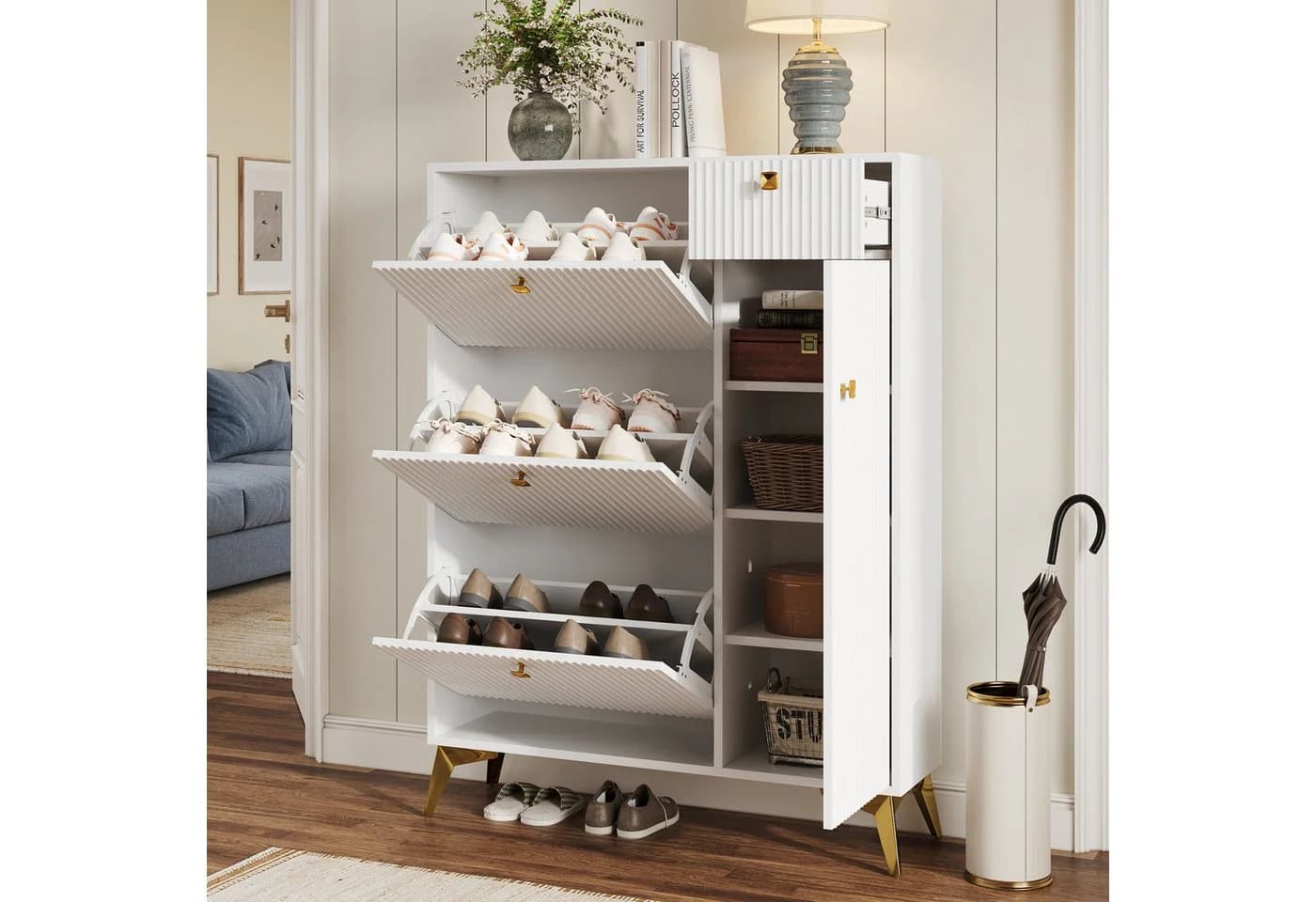 Flieks Schuhschrank Weiß/Gold 3 Klappen 1 Schublade 1 Tür - Bild 3