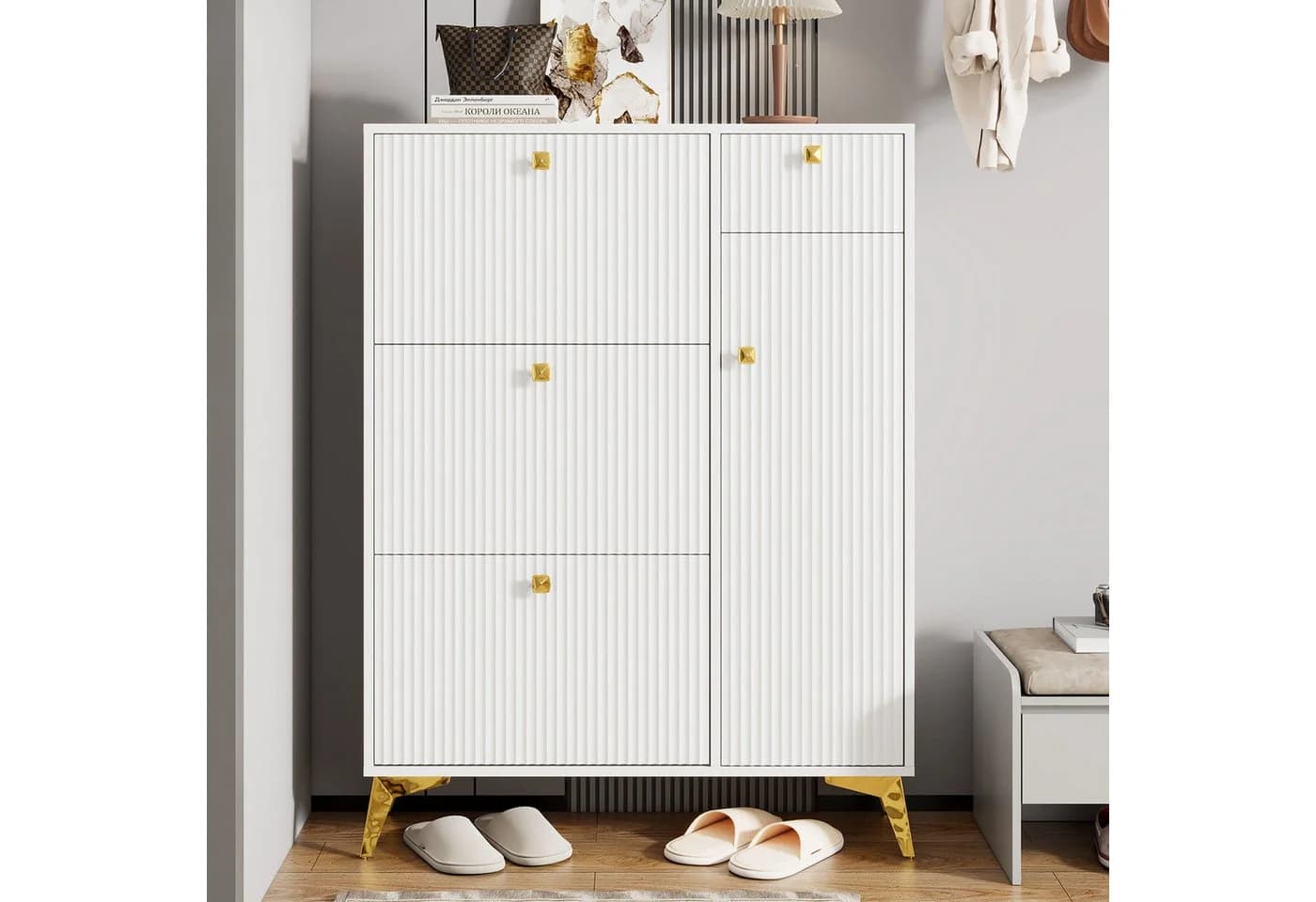 Flieks Schuhschrank Weiß/Gold 3 Klappen 1 Schublade 1 Tür - Bild 4