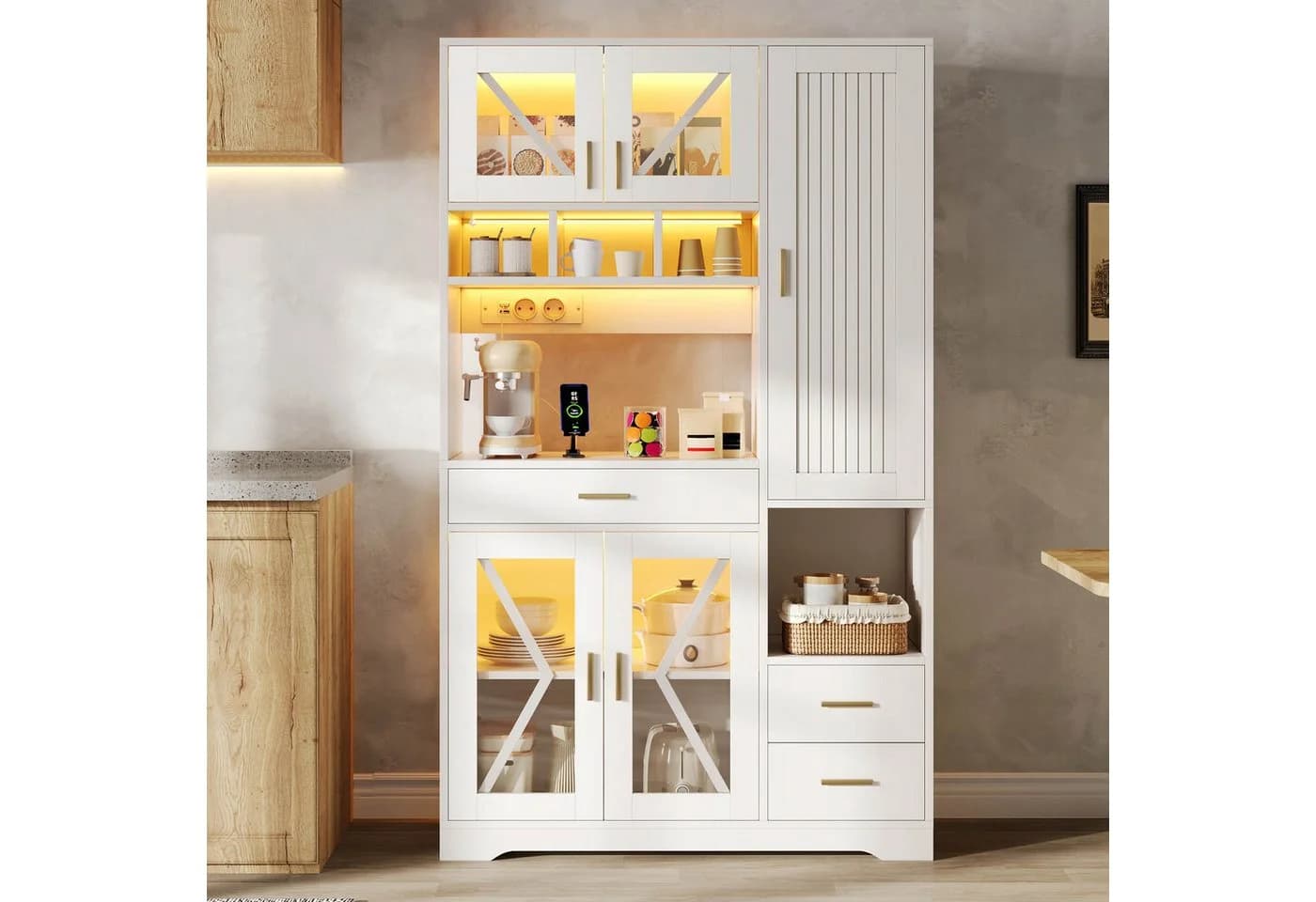 Flieks Küchenbuffet Weiß mit LED-Beleuchtung und Steckdosen - Bild 4