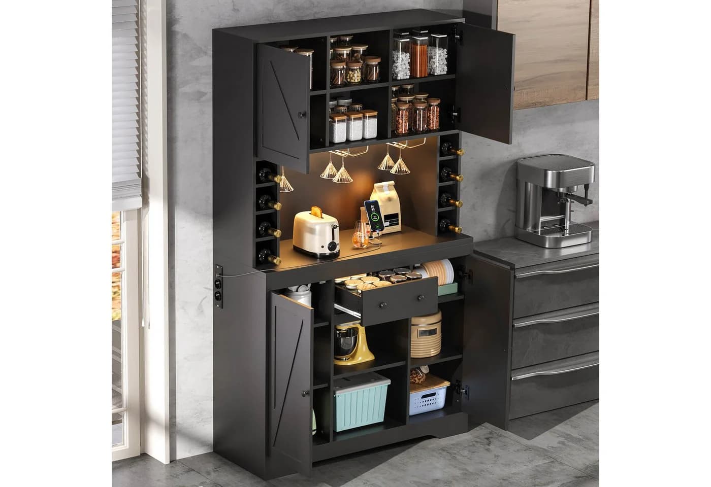 Flieks Küchenbuffet Schwarz mit LED, Steckdosen & Weinregal