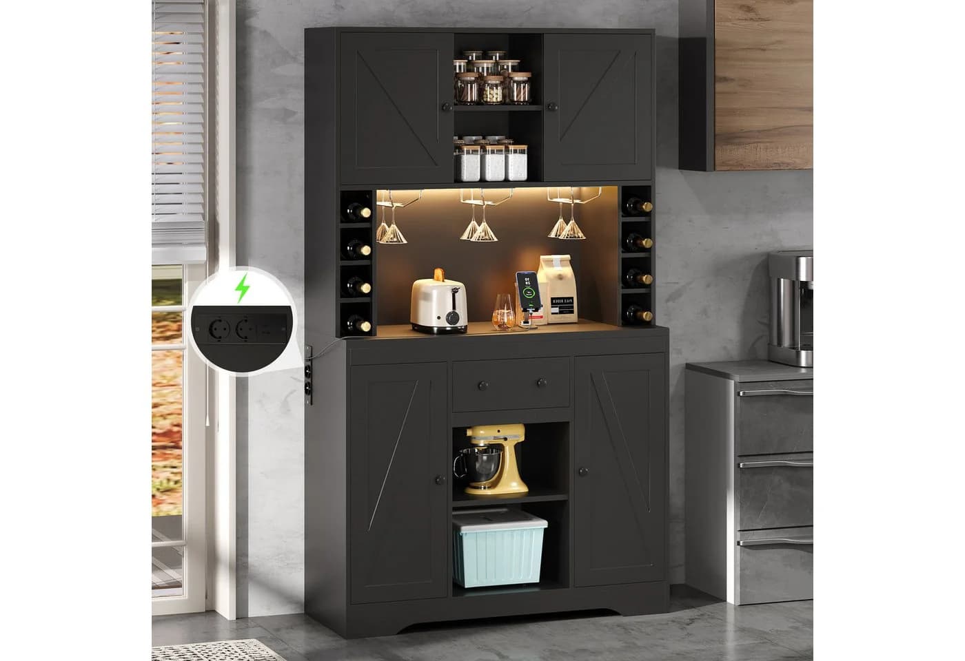 Flieks Küchenbuffet Schwarz mit LED, Steckdosen & Weinregal - Bild 2