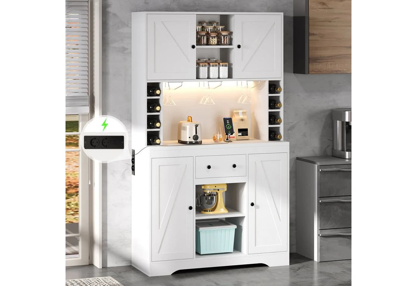 Flieks Küchenbuffet Weiß mit Steckdosen, LED & Weinregal - Bild 2