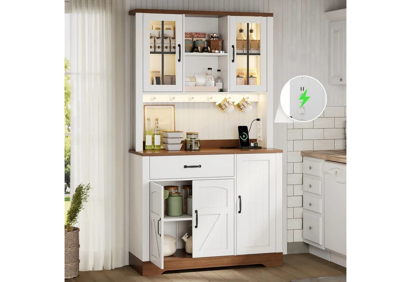 Flieks Küchenbuffet Weiß mit Walnuss-Arbeitsplatte und LED - Bild 2