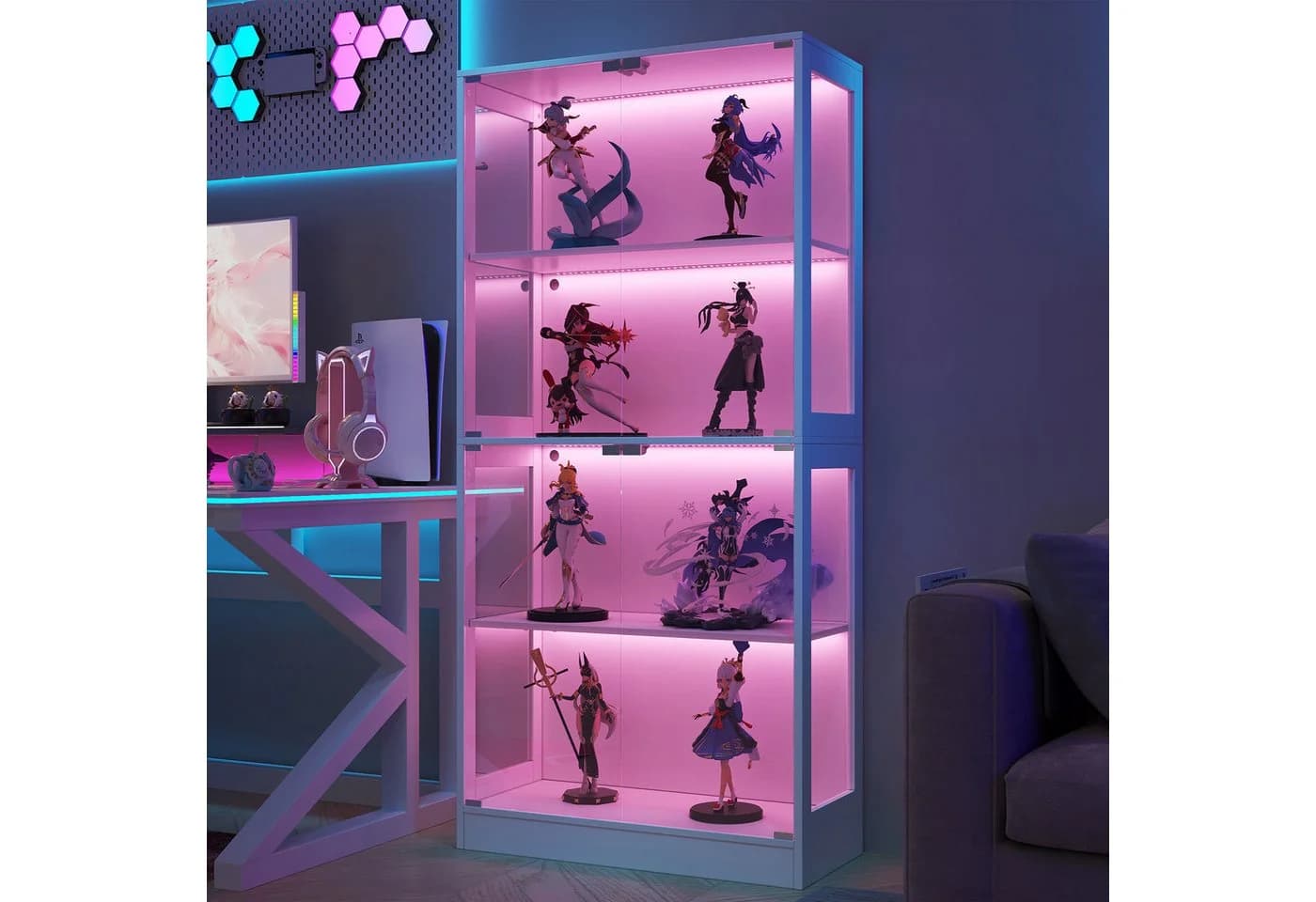 Flieks Glasvitrine Eckvitrine mit LED-Beleuchtung und 4 Glastüren Weiß - Bild 2
