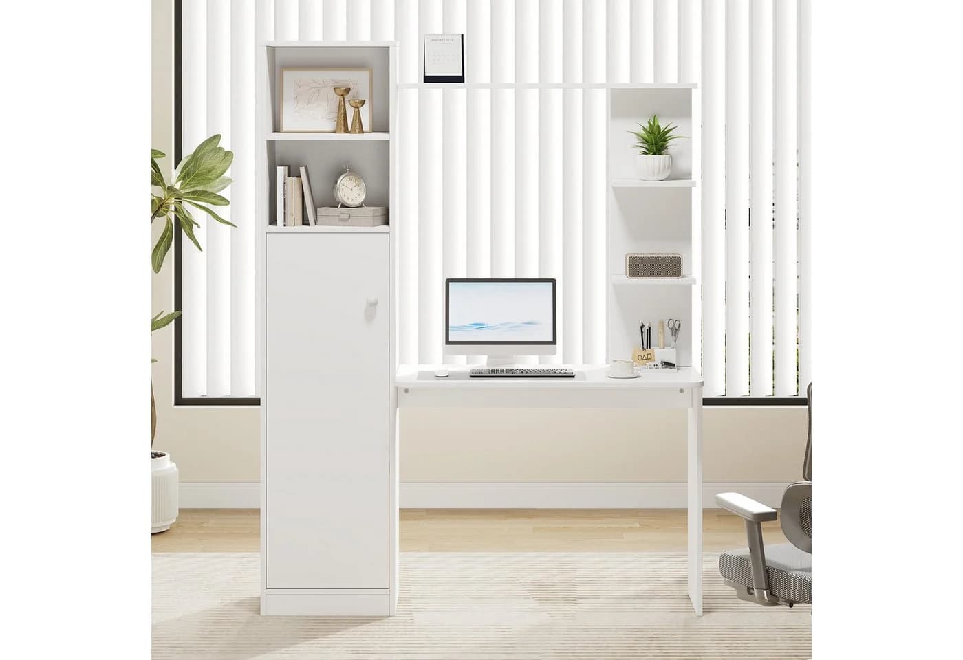 Flieks L-förmiger Schreibtisch mit Hochschrank und Ablagen Weiß - Bild 4