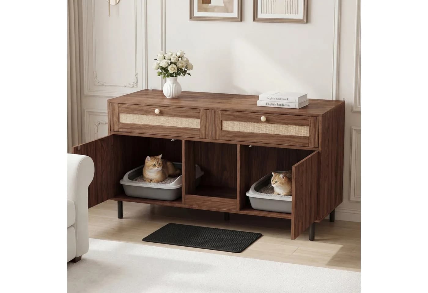 Flieks Katzentoilettenschrank mit Rattan-Schubladen und Streufangmatte