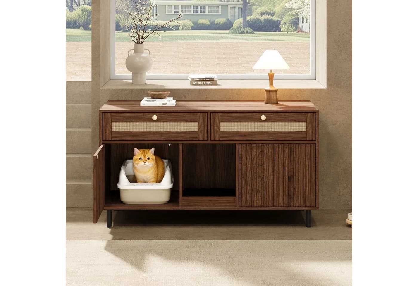 Flieks Katzentoilettenschrank mit Rattan-Schubladen und Streufangmatte - Bild 4