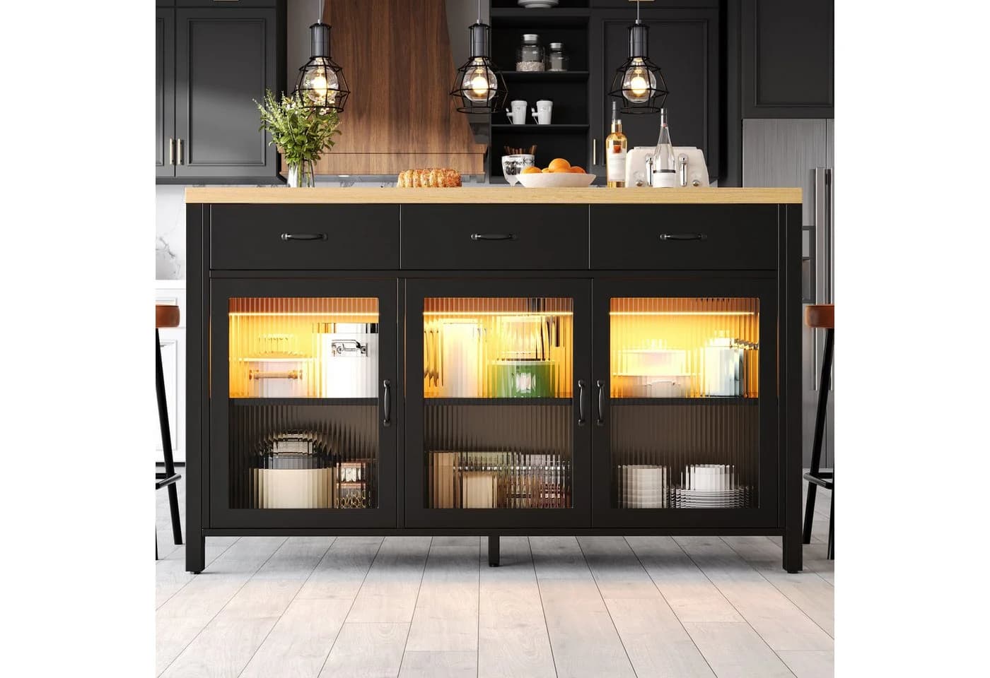 Flieks Kücheninsel Holzoptik Schwarz mit LED & Glastüren - Bild 3