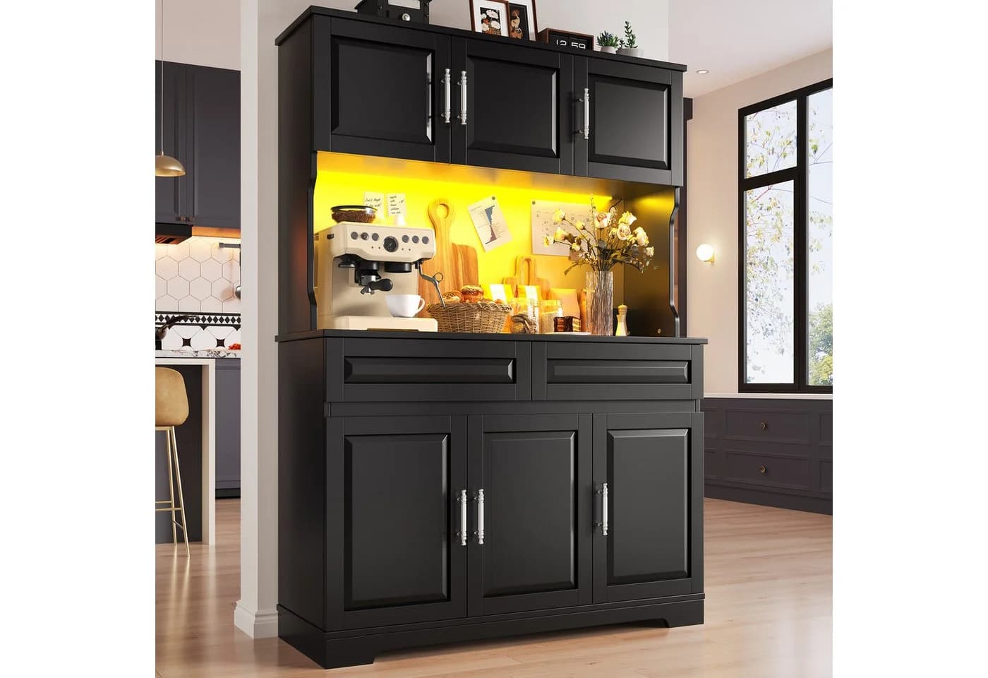 Flieks Küchenbuffet Hochschrank Schwarz mit LED-Beleuchtung und Schubladen - Bild 2