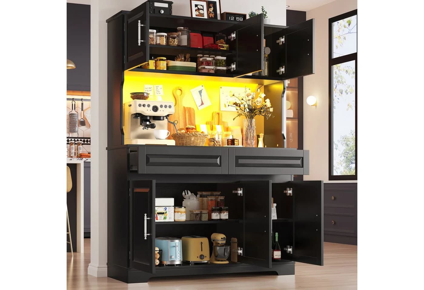 Flieks Küchenbuffet Hochschrank Schwarz mit LED-Beleuchtung und Schubladen - Bild 3