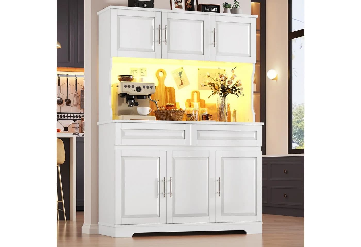 Flieks Küchenbuffet Hochschrank Weiß mit LED-Beleuchtung und Schubladen - Bild 2