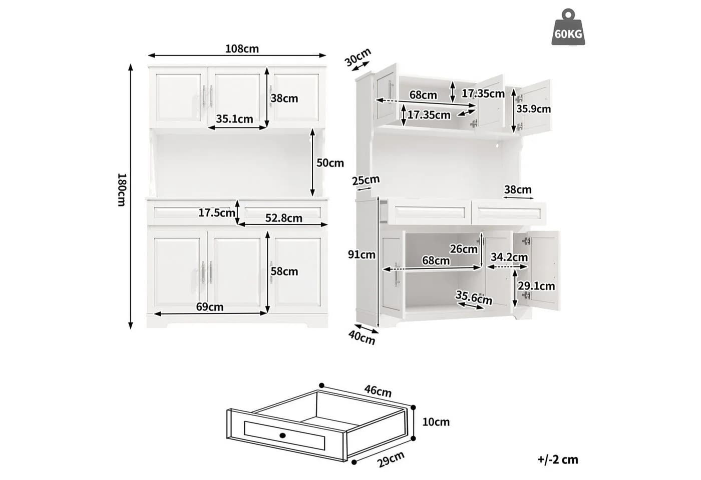Flieks Küchenbuffet Hochschrank Weiß mit LED-Beleuchtung und Schubladen - Bild 5
