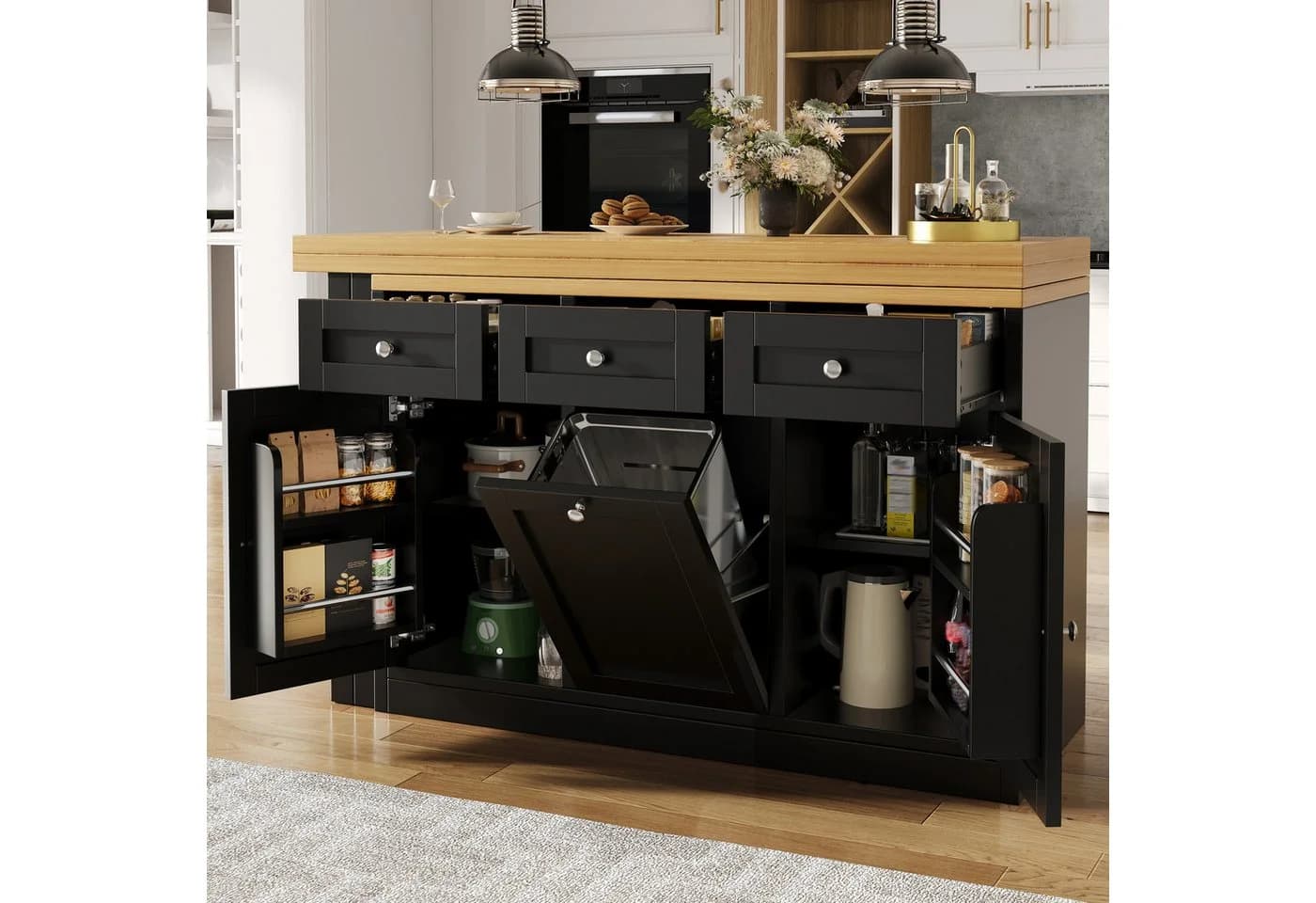 Flieks Kücheninsel mit klappbarem Tisch, 120-200cm verlängerbar, Schwarz - Bild 3