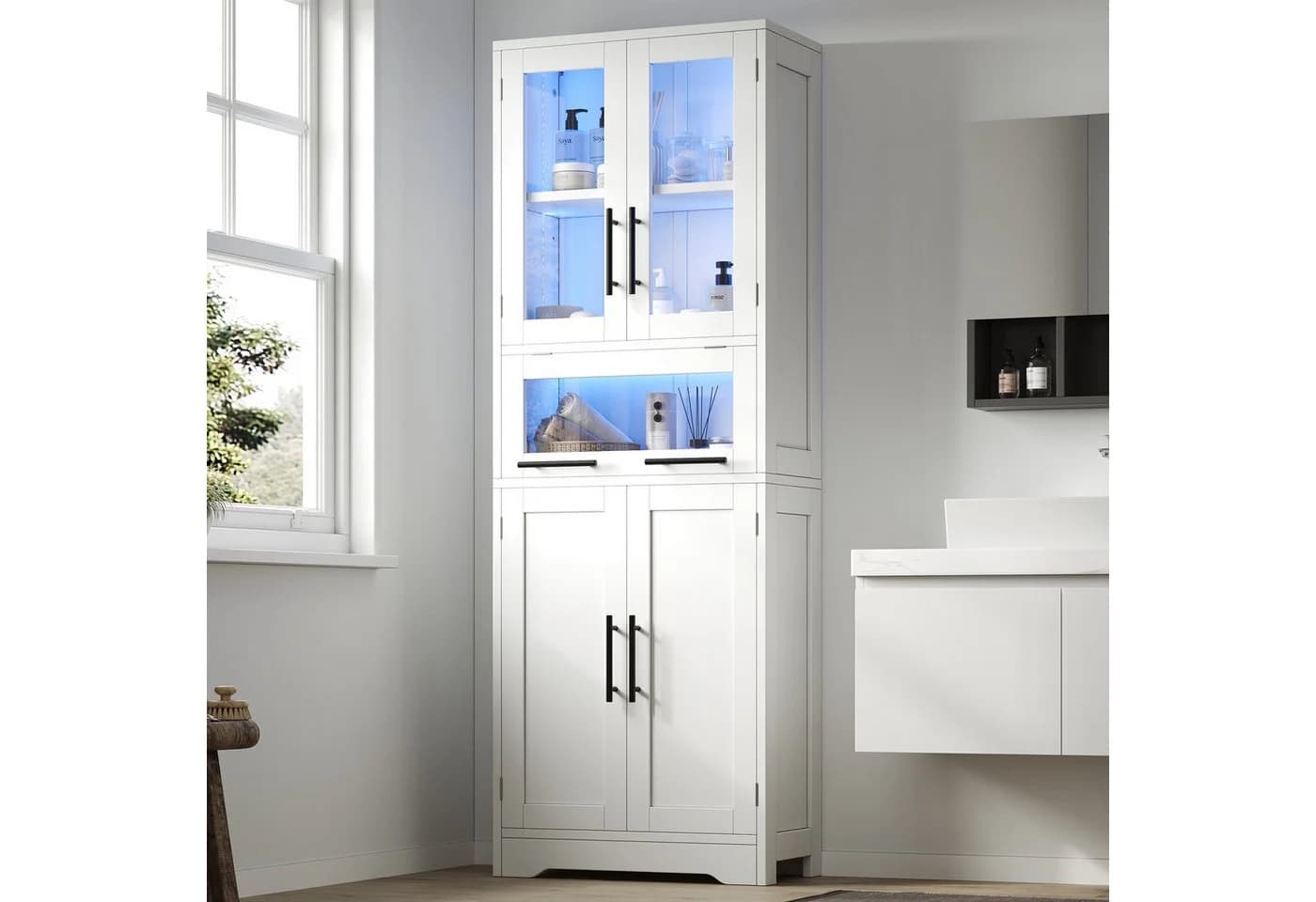 Flieks Hochschrank Badkommode mit LED-Beleuchtung und Glastüren Weiß - Bild 2