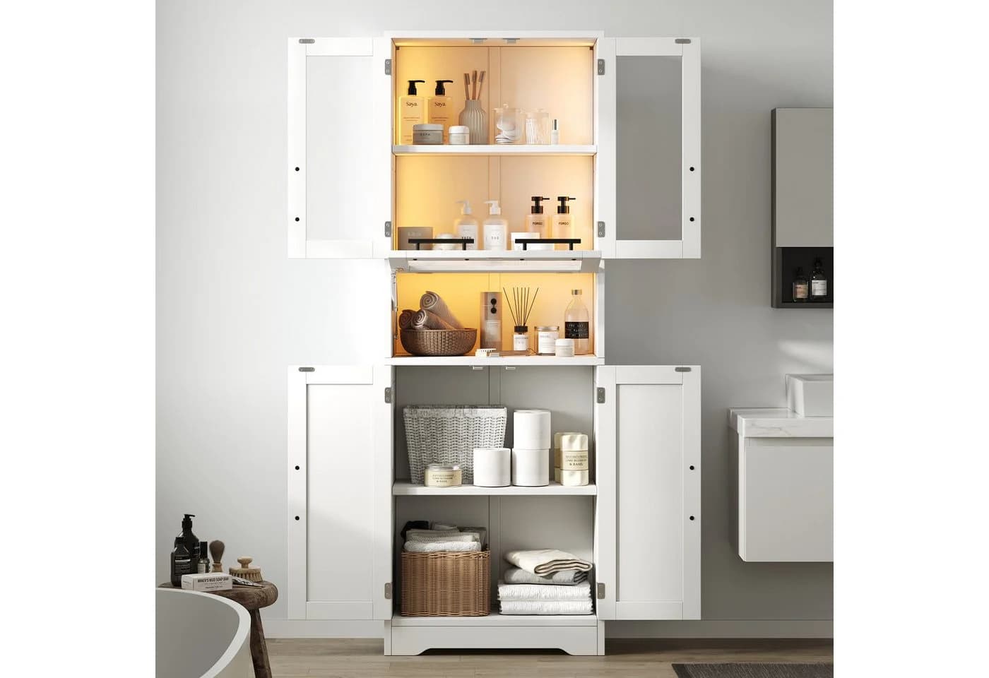 Flieks Hochschrank Badkommode mit LED-Beleuchtung und Glastüren Weiß - Bild 3