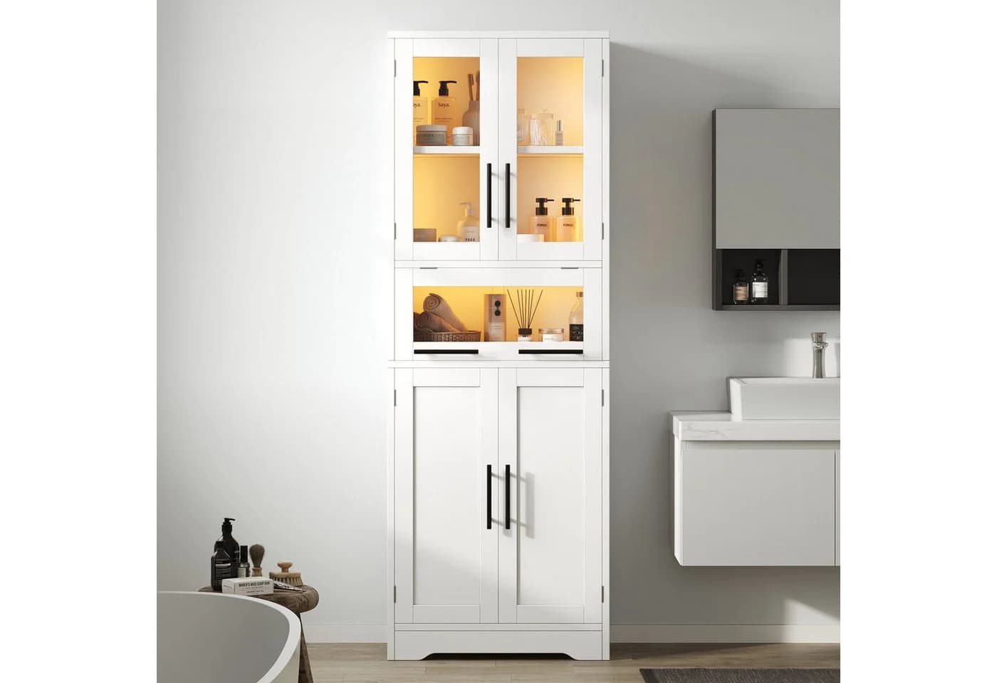 Flieks Hochschrank Badkommode mit LED-Beleuchtung und Glastüren Weiß - Bild 4