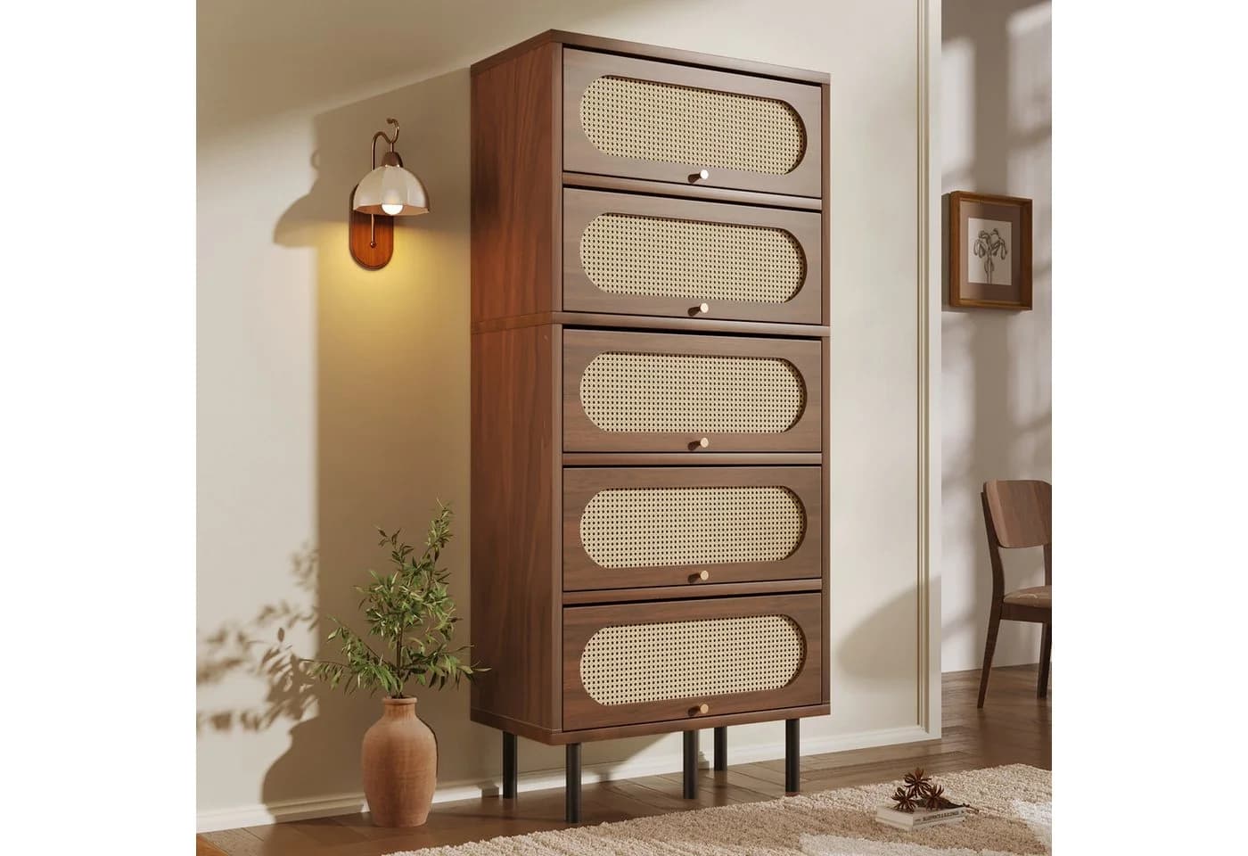 Flieks Hochschrank Kommode 5 Klappen Rattan Walnuss