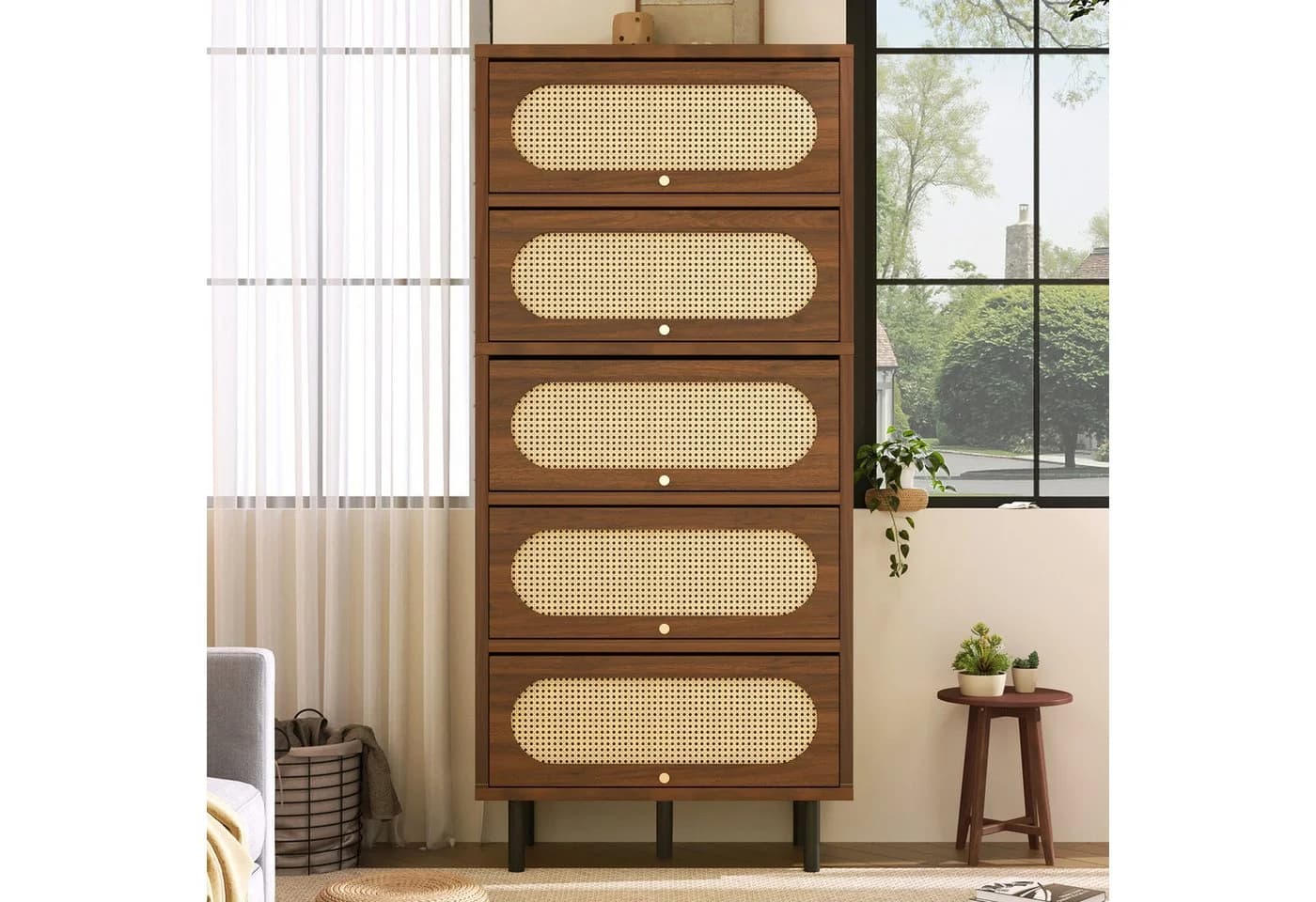 Flieks Hochschrank Kommode 5 Klappen Rattan Walnuss - Bild 3