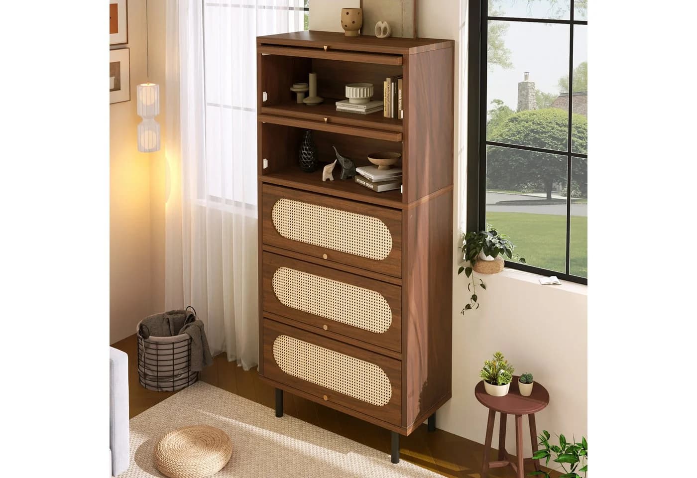 Flieks Hochschrank Kommode 5 Klappen Rattan Walnuss - Bild 4