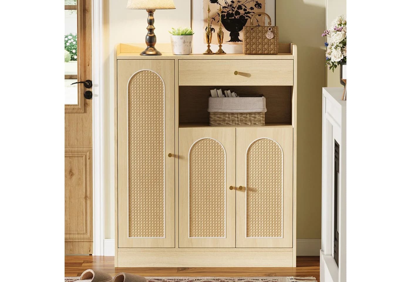Flieks Schuhschrank Rattan 90cm mit Schubladen und Türen Beige - Bild 2