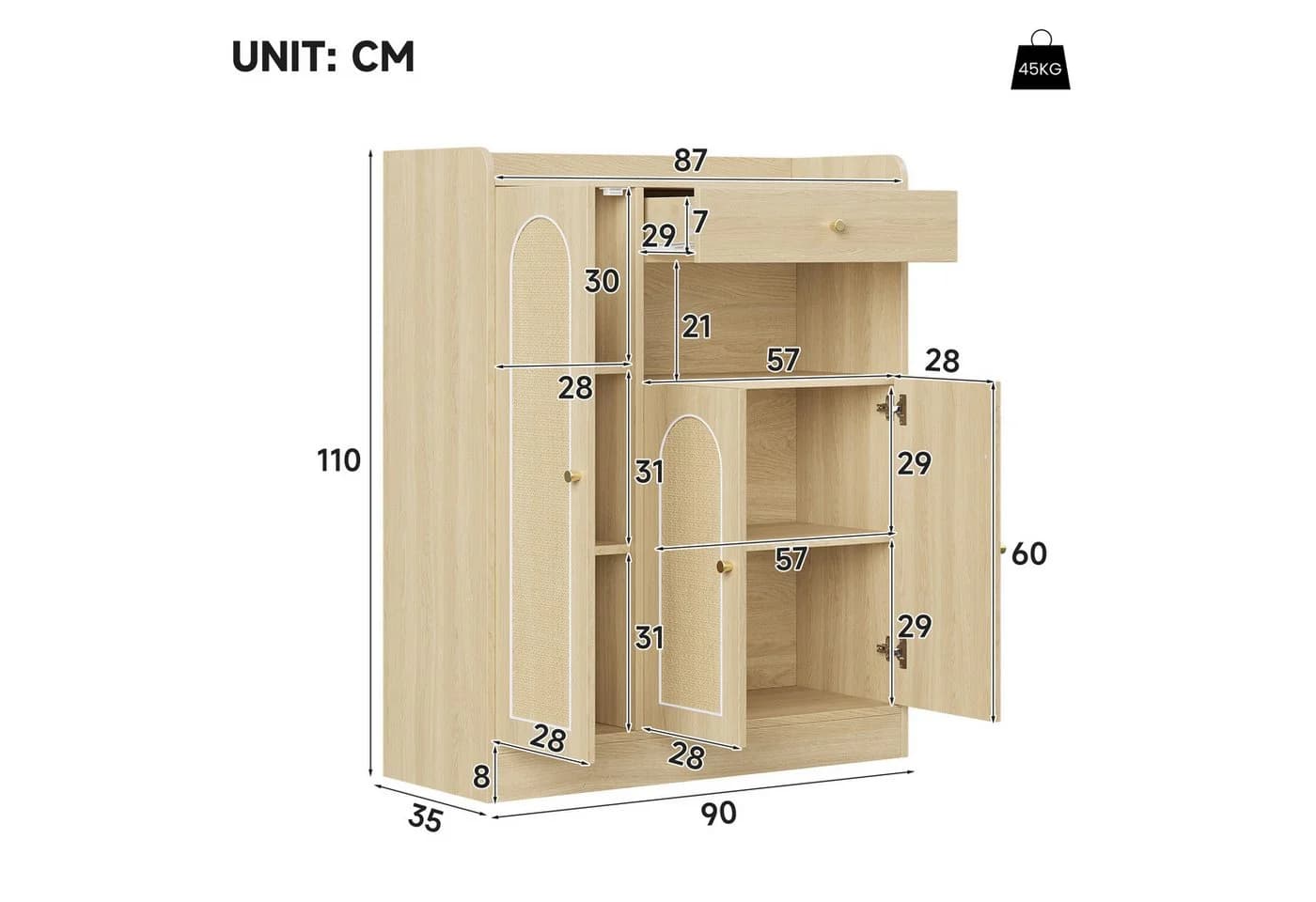 Flieks Schuhschrank Rattan 90cm mit Schubladen und Türen Beige - Bild 5