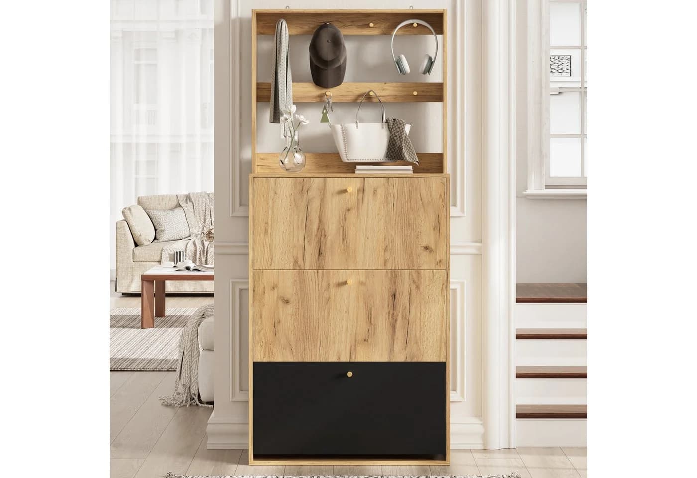 Flieks Schuhschrank mit Haken und 3 Fächern Beige Holzoptik
