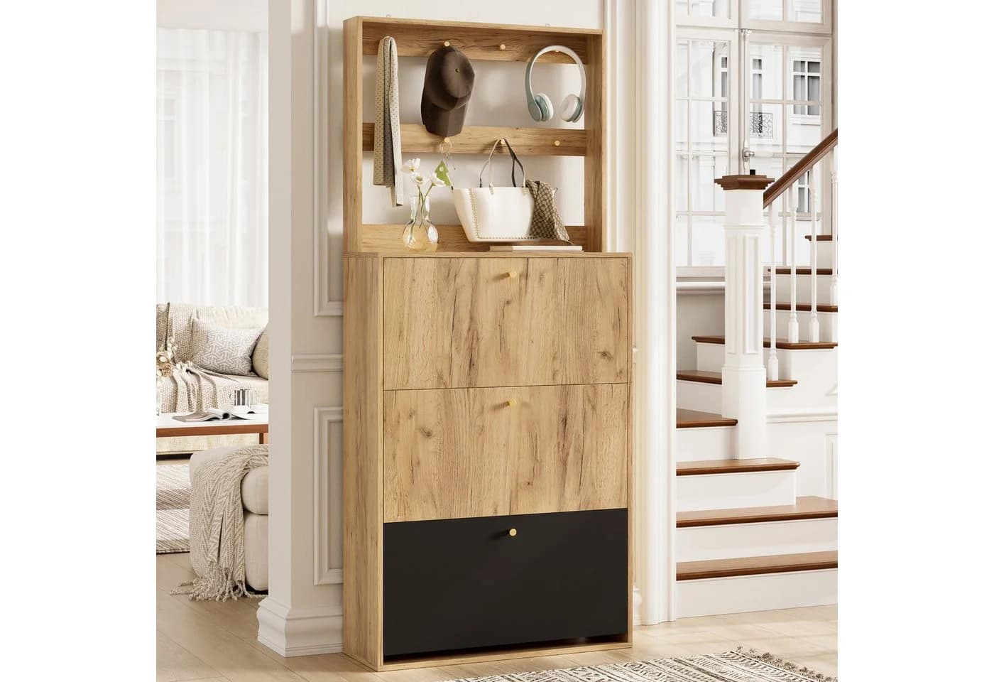 Flieks Schuhschrank mit Haken und 3 Fächern Beige Holzoptik - Bild 3