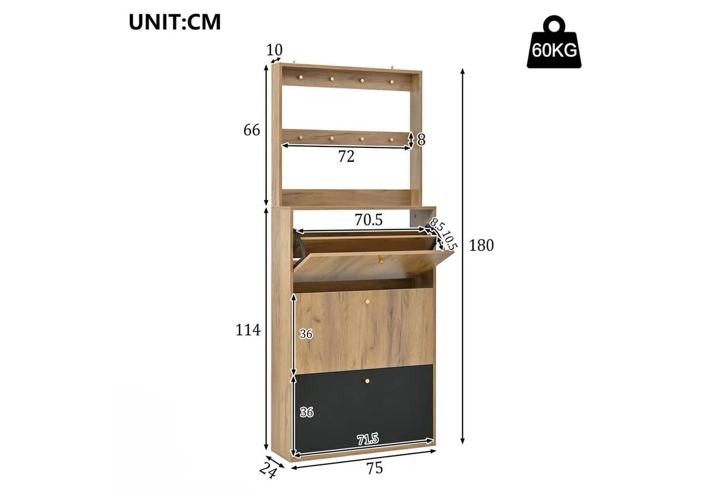 Flieks Schuhschrank mit Haken und 3 Fächern Beige Holzoptik - Bild 5