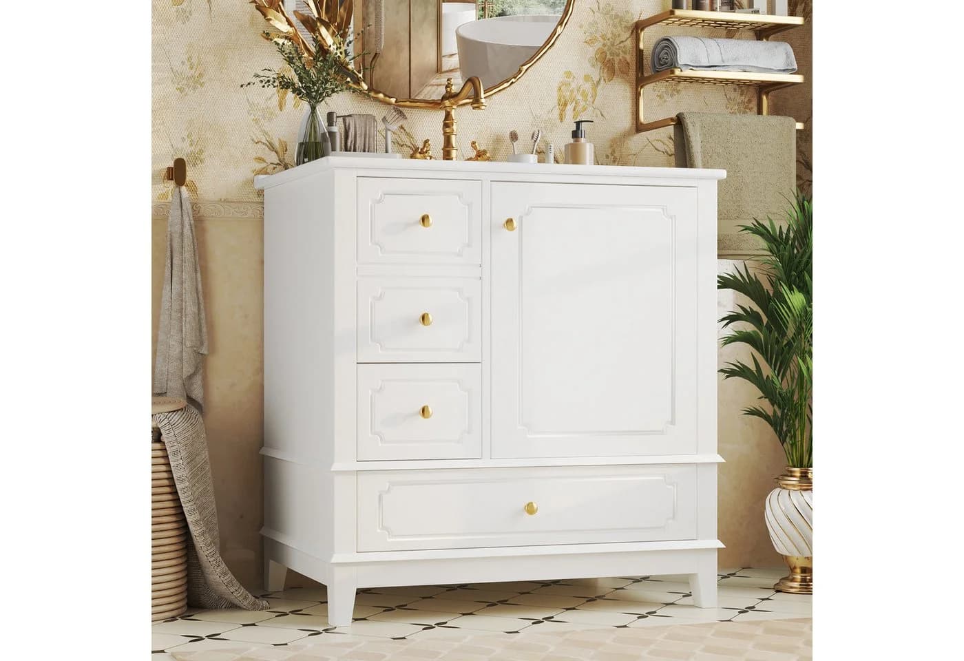 Flieks Waschtisch Badkommode mit 3 Schubladen und Waschbecken Weiß - Bild 4