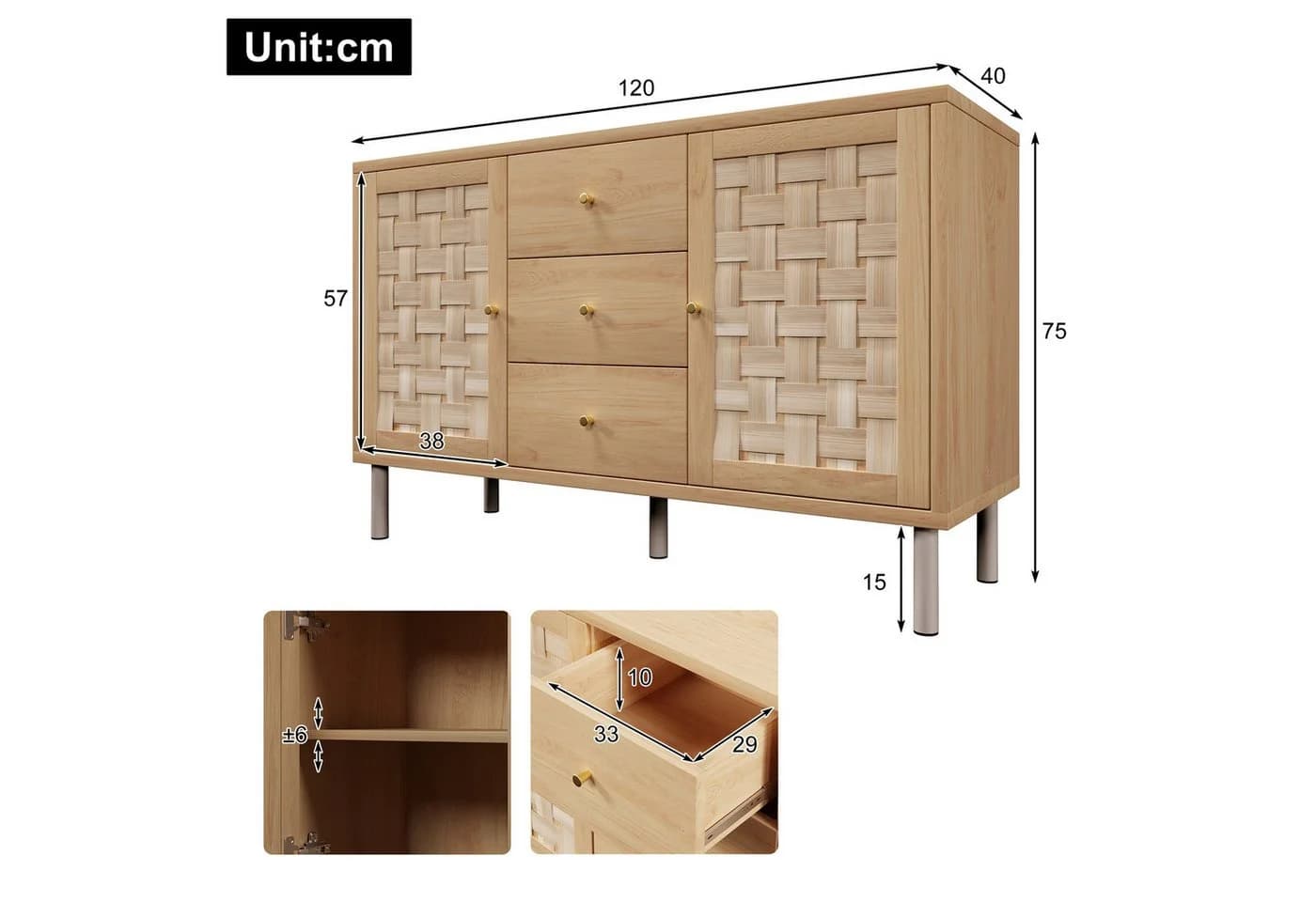Flieks Sideboard 3 Schubladen 2 Türen Landhausstil Eiche - Bild 5