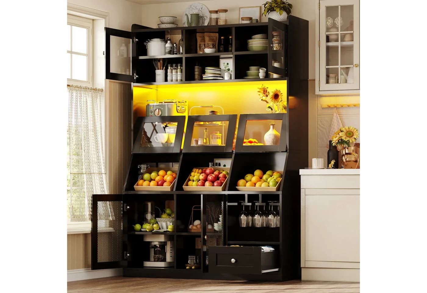 Flieks Küchenbuffet Hochschrank Schwarz mit USB, LED & Glastüren - Bild 2