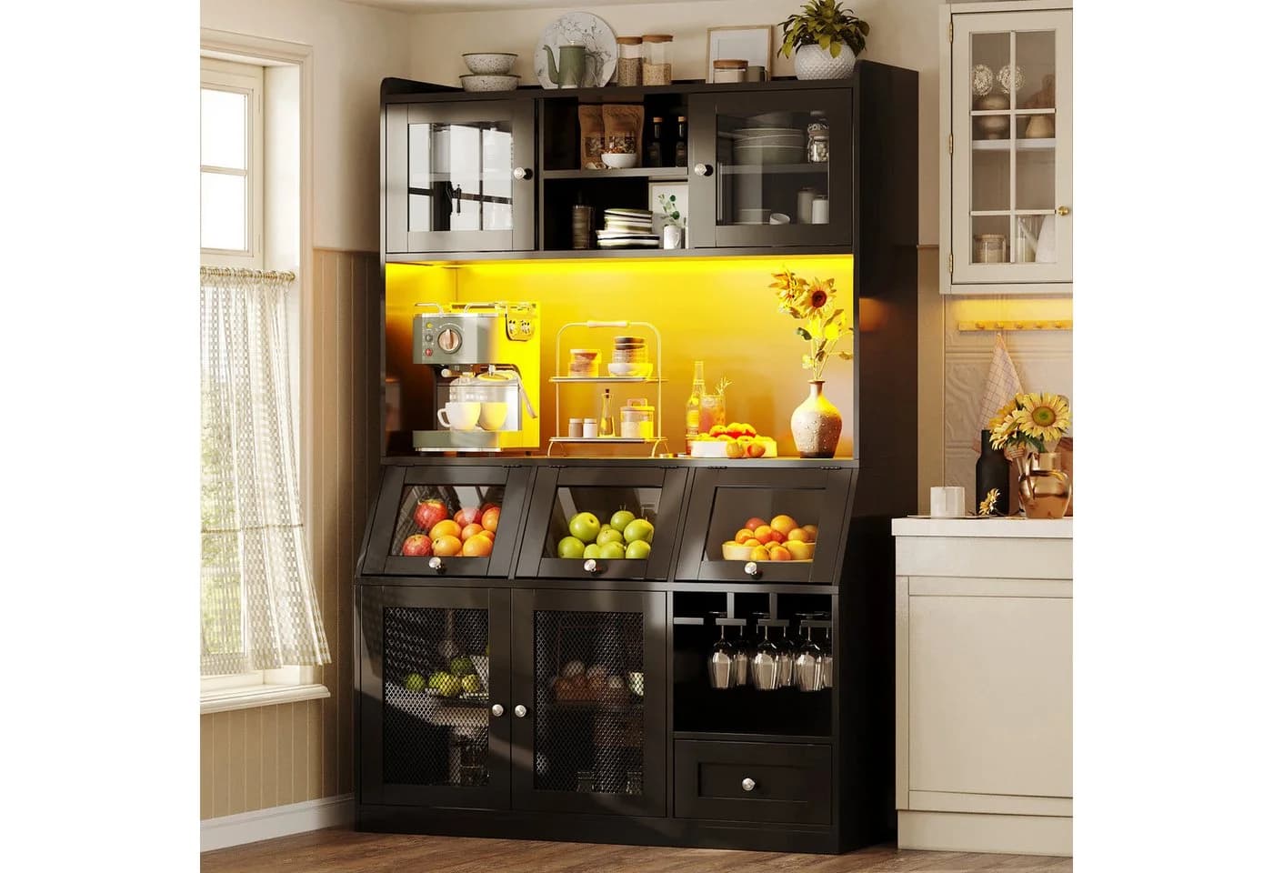 Flieks Küchenbuffet Hochschrank Schwarz mit USB, LED & Glastüren - Bild 3