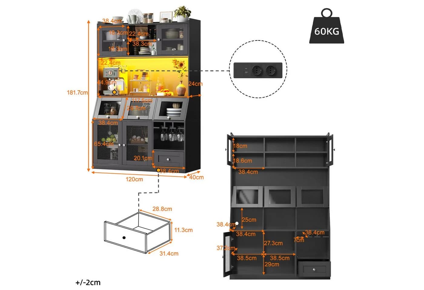 Flieks Küchenbuffet Hochschrank Schwarz mit USB, LED & Glastüren - Bild 5