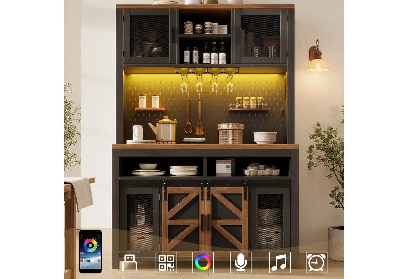 Flieks Küchenbuffet mit LED-Beleuchtung und USB-Anschluss Schwarz - Bild 2