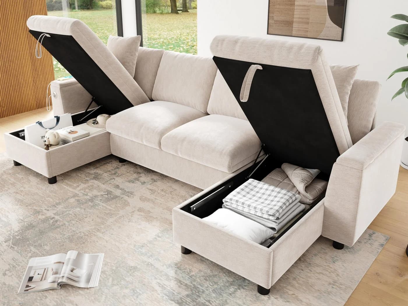 Flieks Ecksofa U-Form Schlafsofa Chenille Beige mit USB-Anschluss