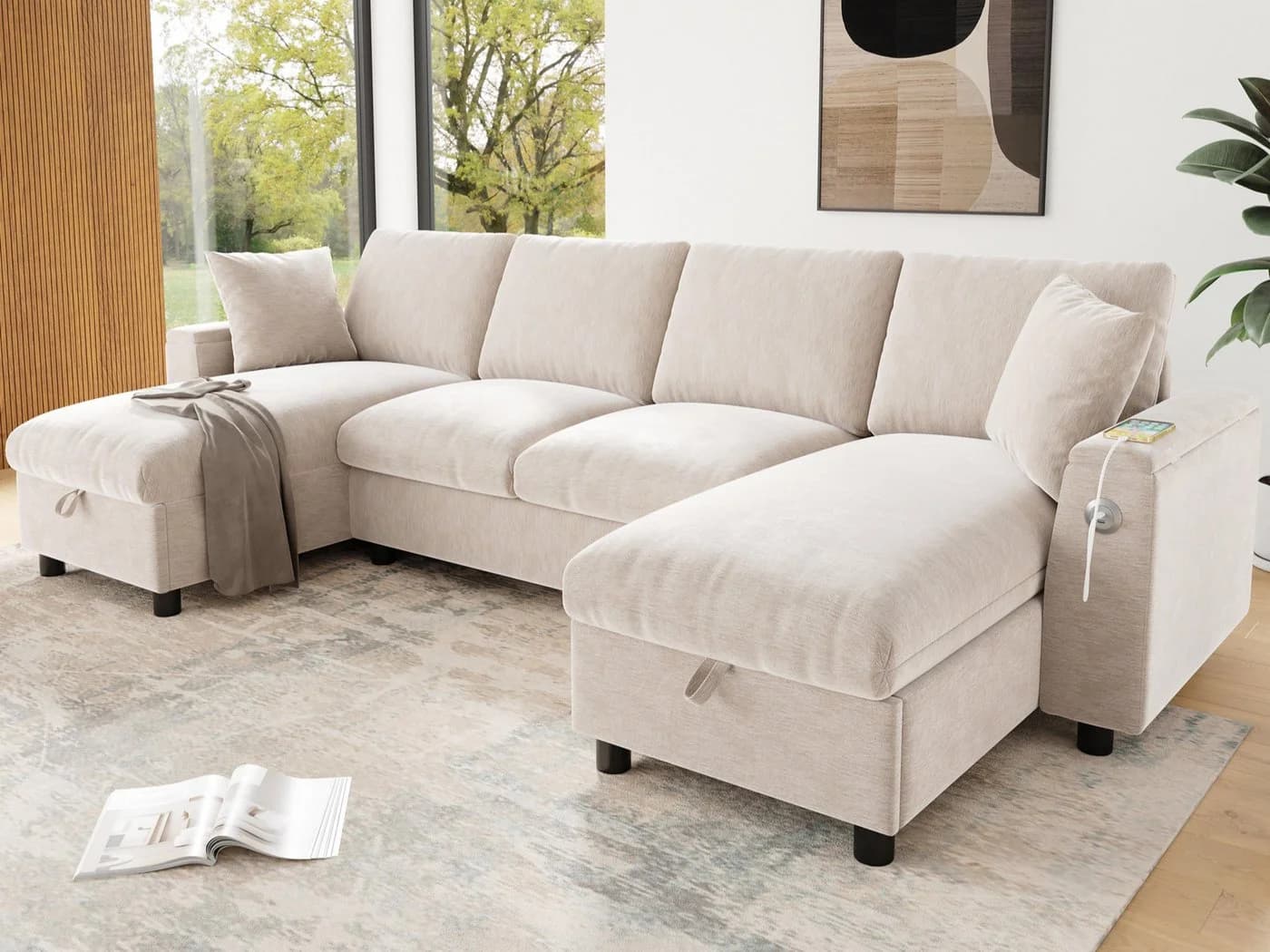 Flieks Ecksofa U-Form Schlafsofa Chenille Beige mit USB-Anschluss - Bild 2