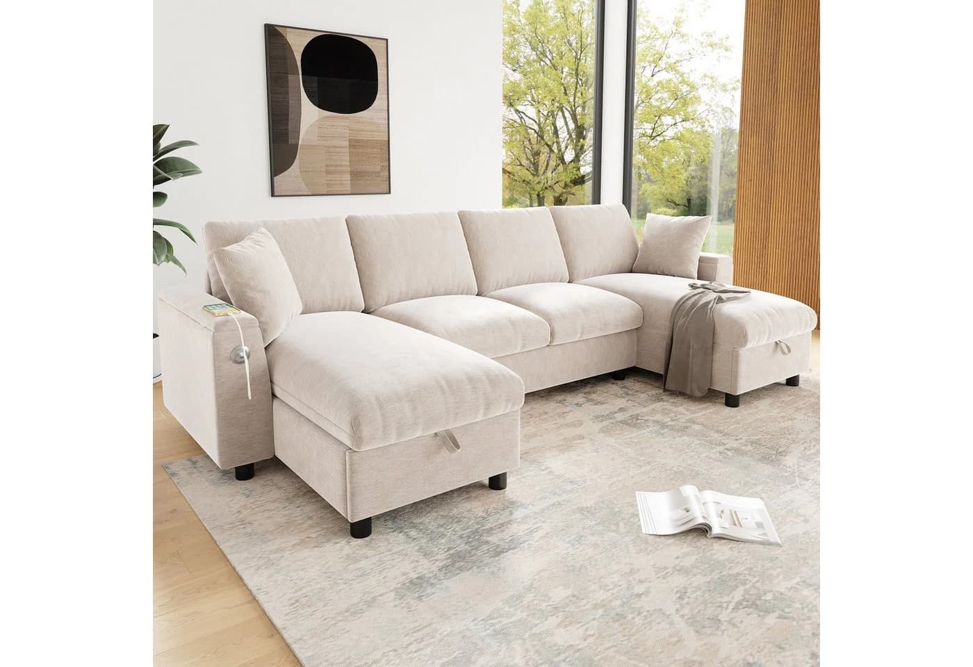 Flieks Ecksofa U-Form Schlafsofa Chenille Beige mit USB-Anschluss - Bild 3