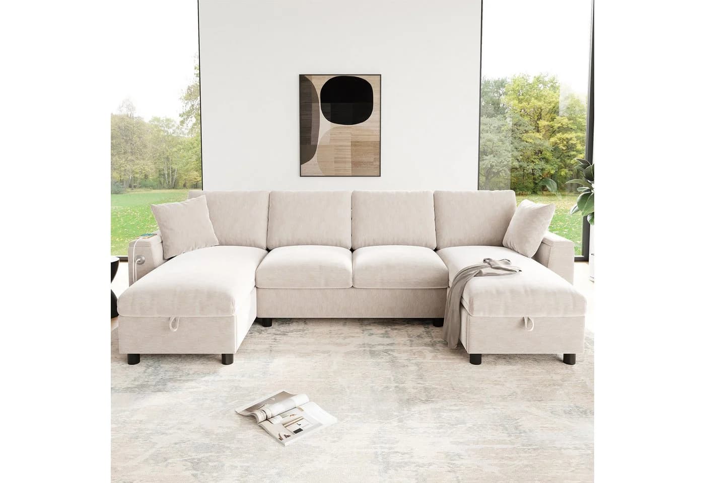 Flieks Ecksofa U-Form Schlafsofa Chenille Beige mit USB-Anschluss - Bild 4